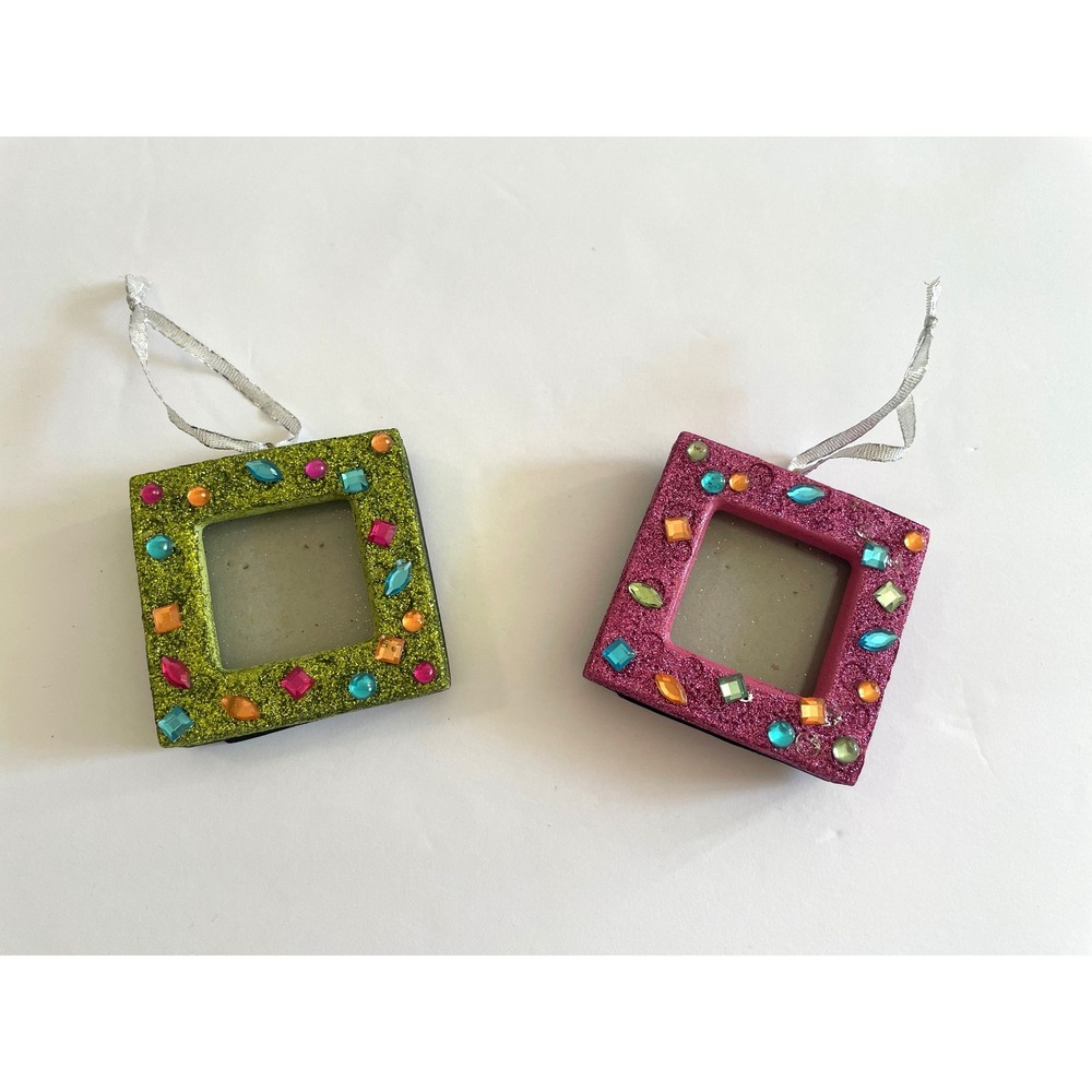 Mini Square Photo Frame Ornament Jeweled Glitter Green Pink Decor‎